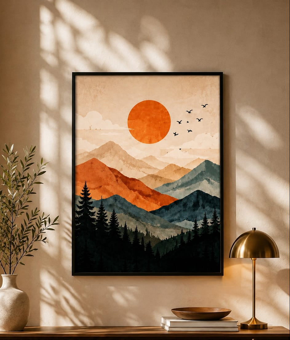 Crimson Horizon Mountain Sunset Art Frame