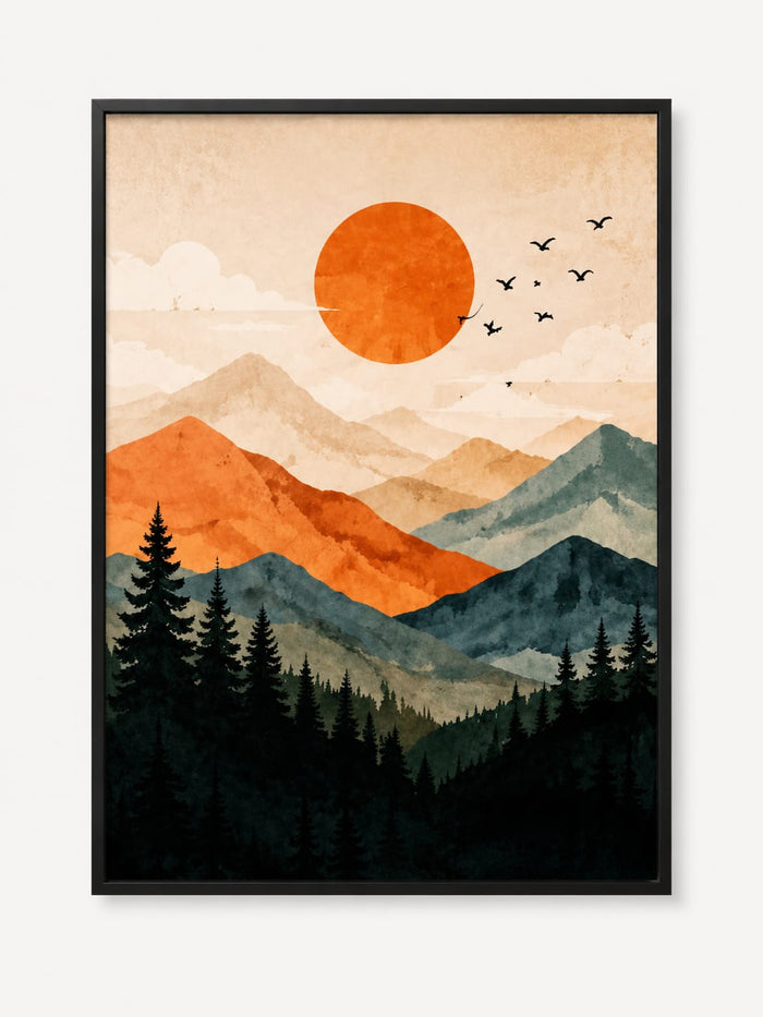 Crimson Horizon Mountain Sunset Art Frame